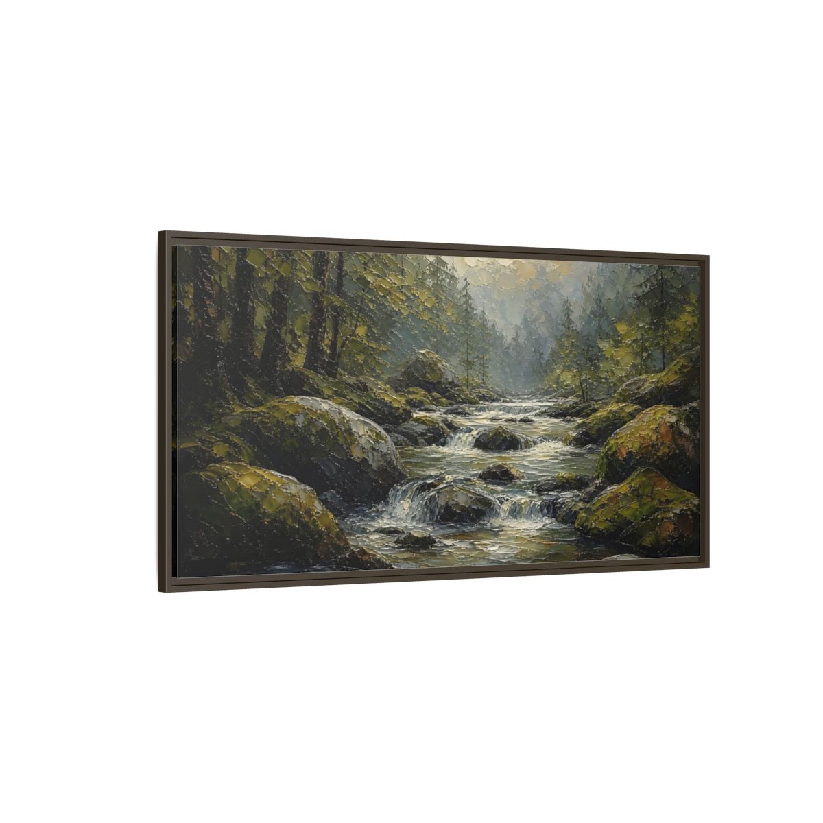 Side Mockup 4. Nature Forest River Green Forest River shown as stretched canvas wall art