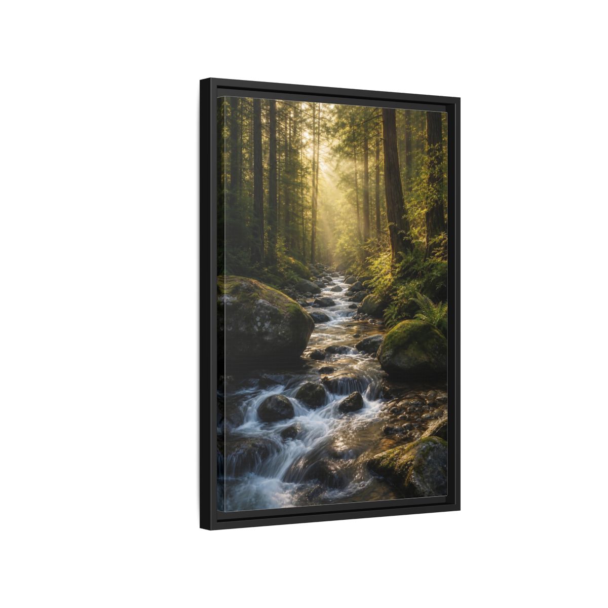 Nature Forest River Green Framed Canvas Wall Art - Realistic Living Room, Above Fireplace shown as canvas wall art