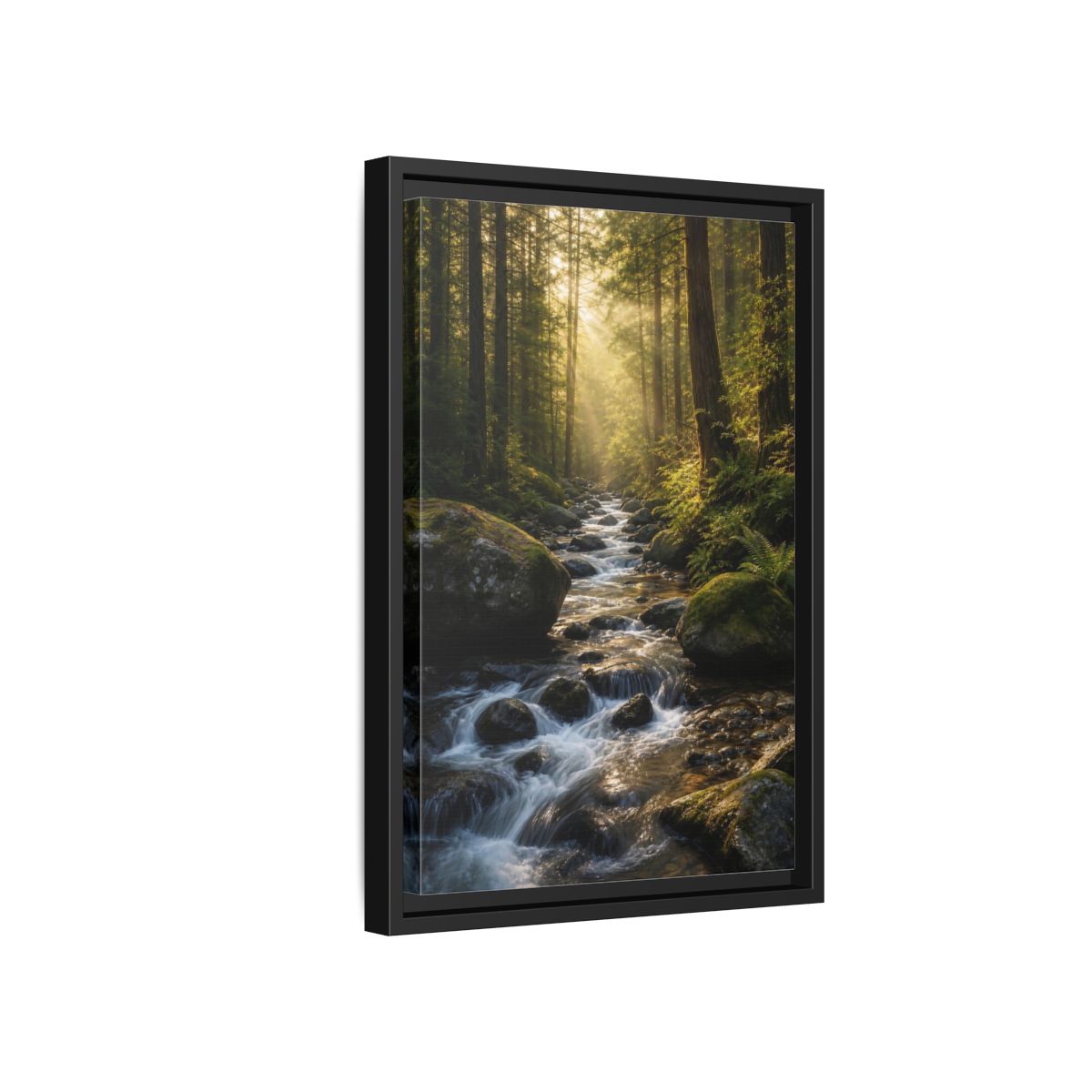 Nature Forest River Green Framed Canvas Wall Art - Realistic Living Room, Above Fireplace shown as canvas wall art