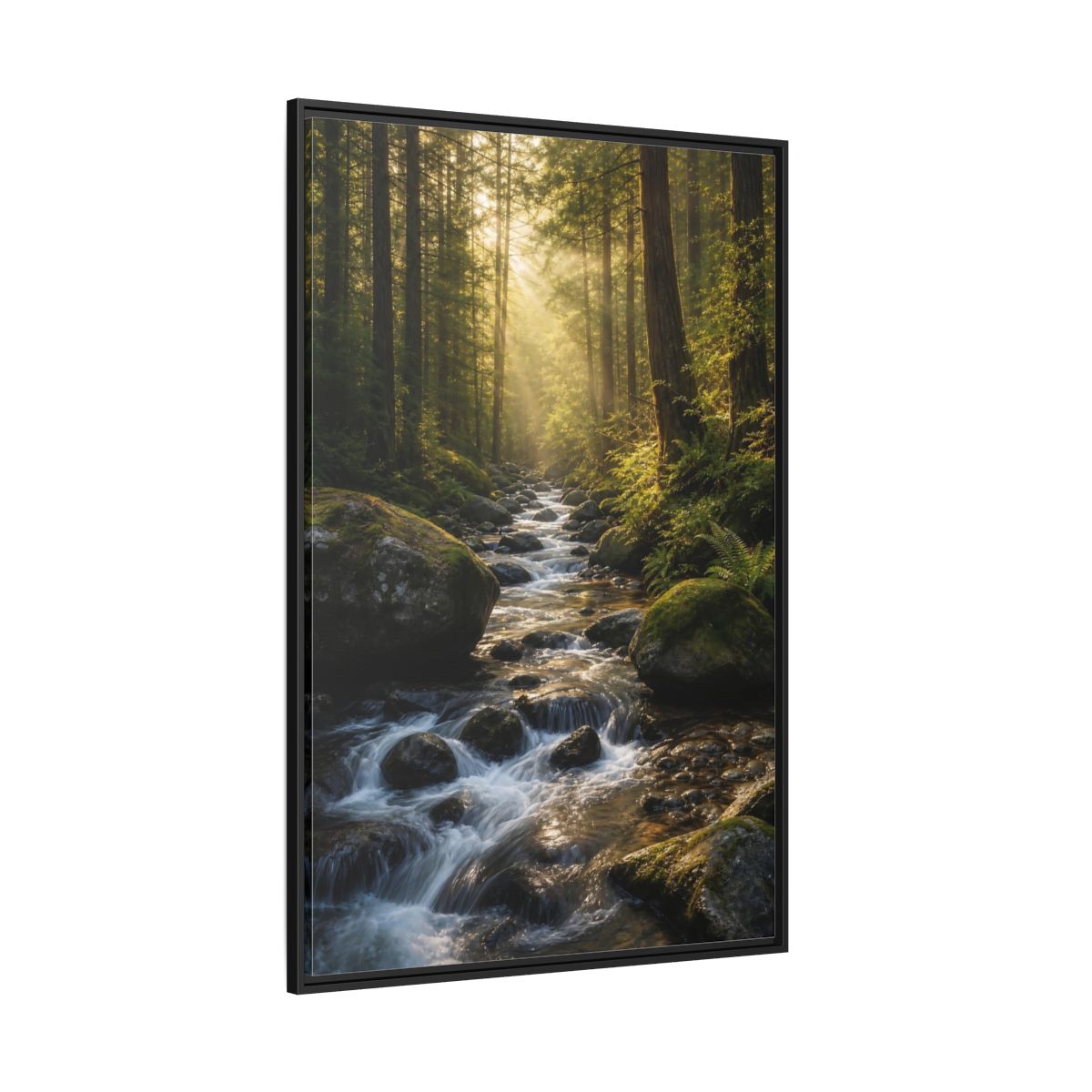 Nature Forest River Green Framed Canvas Wall Art - Realistic Living Room, Above Fireplace shown as canvas wall art