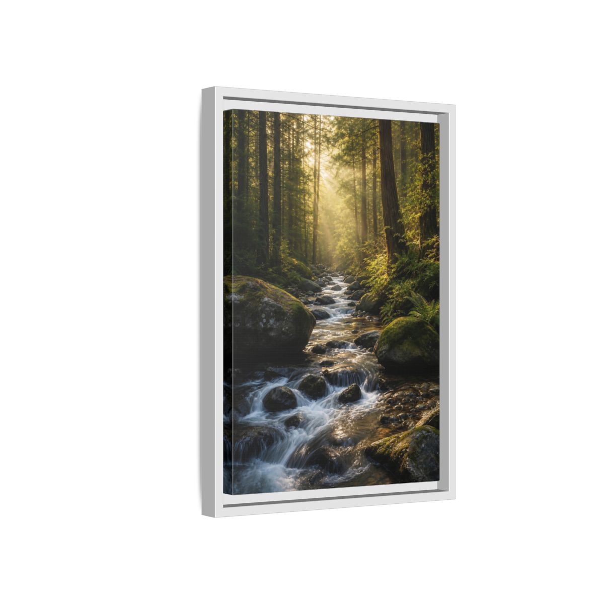 Nature Forest River Green Framed Canvas Wall Art - Realistic Living Room, Above Fireplace shown as canvas wall art