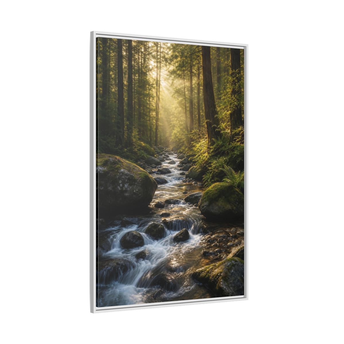Nature Forest River Green Framed Canvas Wall Art - Realistic Living Room, Above Fireplace shown as canvas wall art