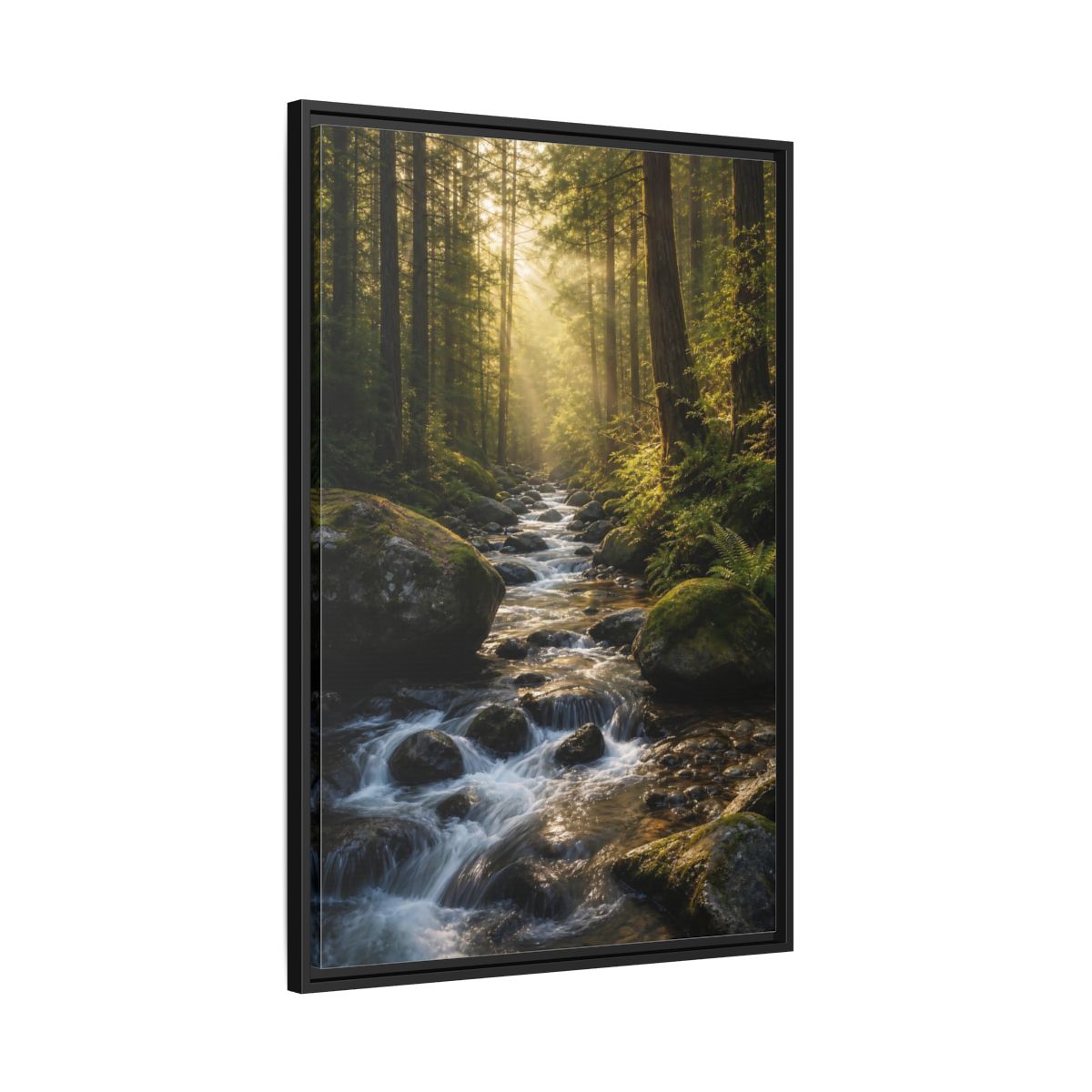 Nature Forest River Green Framed Canvas Wall Art - Realistic Living Room, Above Fireplace shown as canvas wall art