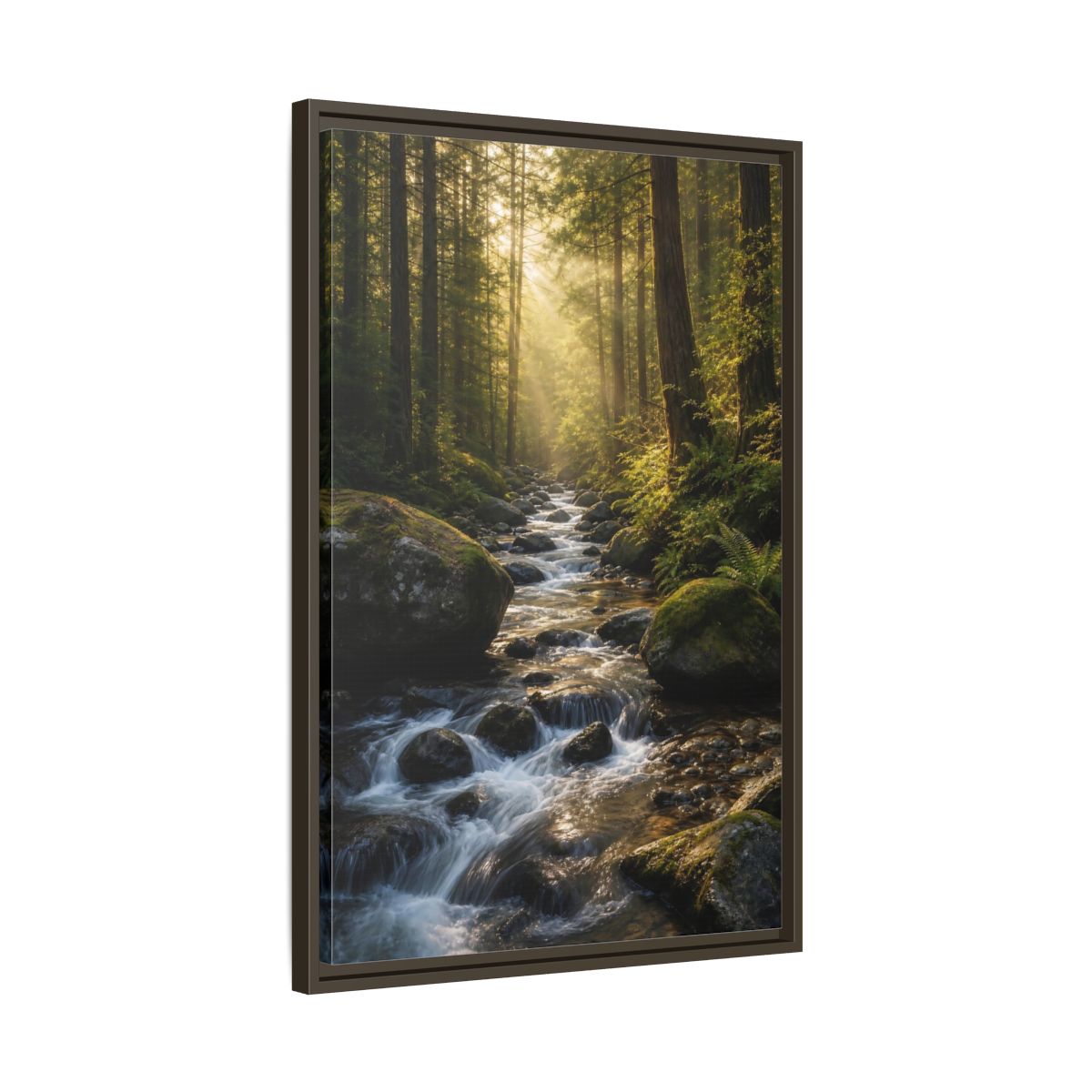 Nature Forest River Green Framed Canvas Wall Art - Realistic Living Room, Above Fireplace shown as canvas wall art