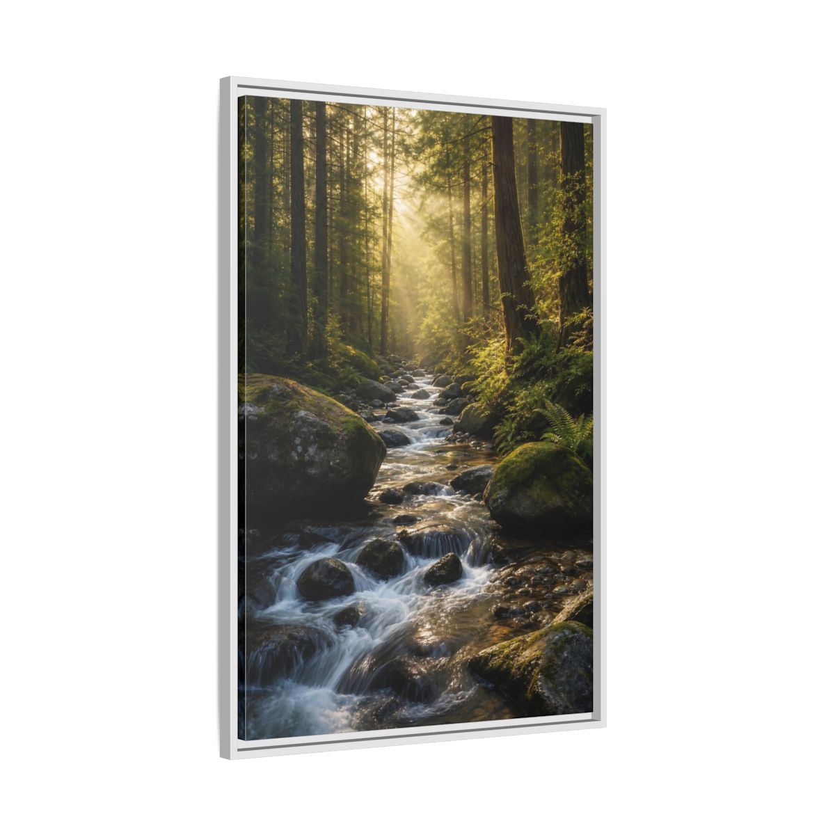 Nature Forest River Green Framed Canvas Wall Art - Realistic Living Room, Above Fireplace shown as canvas wall art