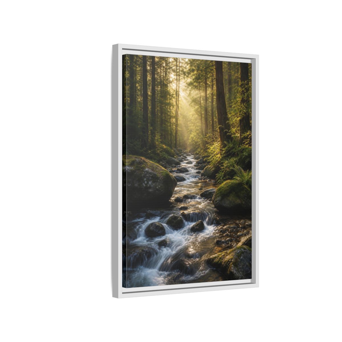 Nature Forest River Green Framed Canvas Wall Art - Realistic Living Room, Above Fireplace shown as canvas wall art