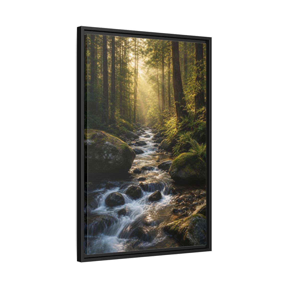 Nature Forest River Green Framed Canvas Wall Art - Realistic Living Room, Above Fireplace shown as canvas wall art