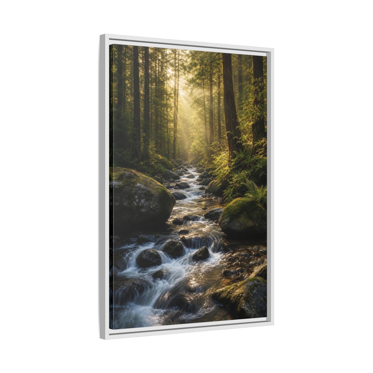 Nature Forest River Green Framed Canvas Wall Art - Realistic Living Room, Above Fireplace shown as canvas wall art