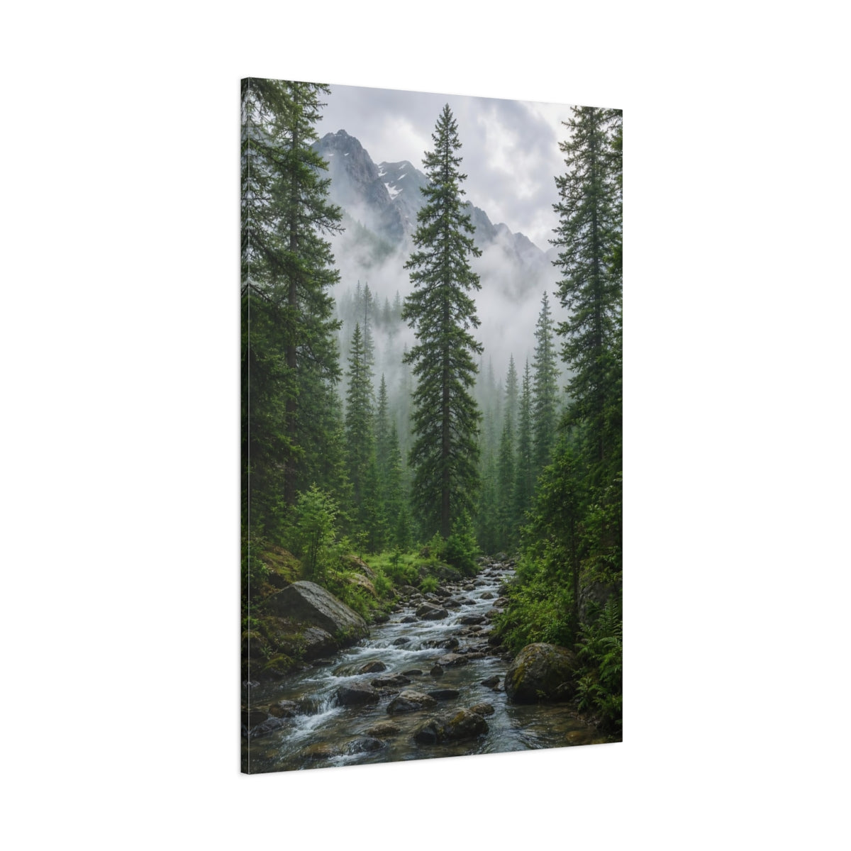 Side Mockup 1. Nature Forest River Green Forest Stream shown as stretched canvas wall art