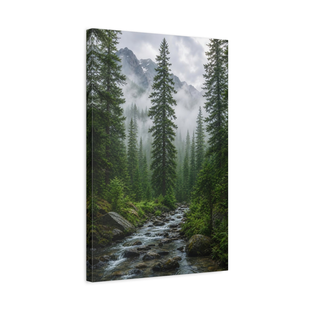 Side Mockup 3. Nature Forest River Green Forest Stream shown as stretched canvas wall art