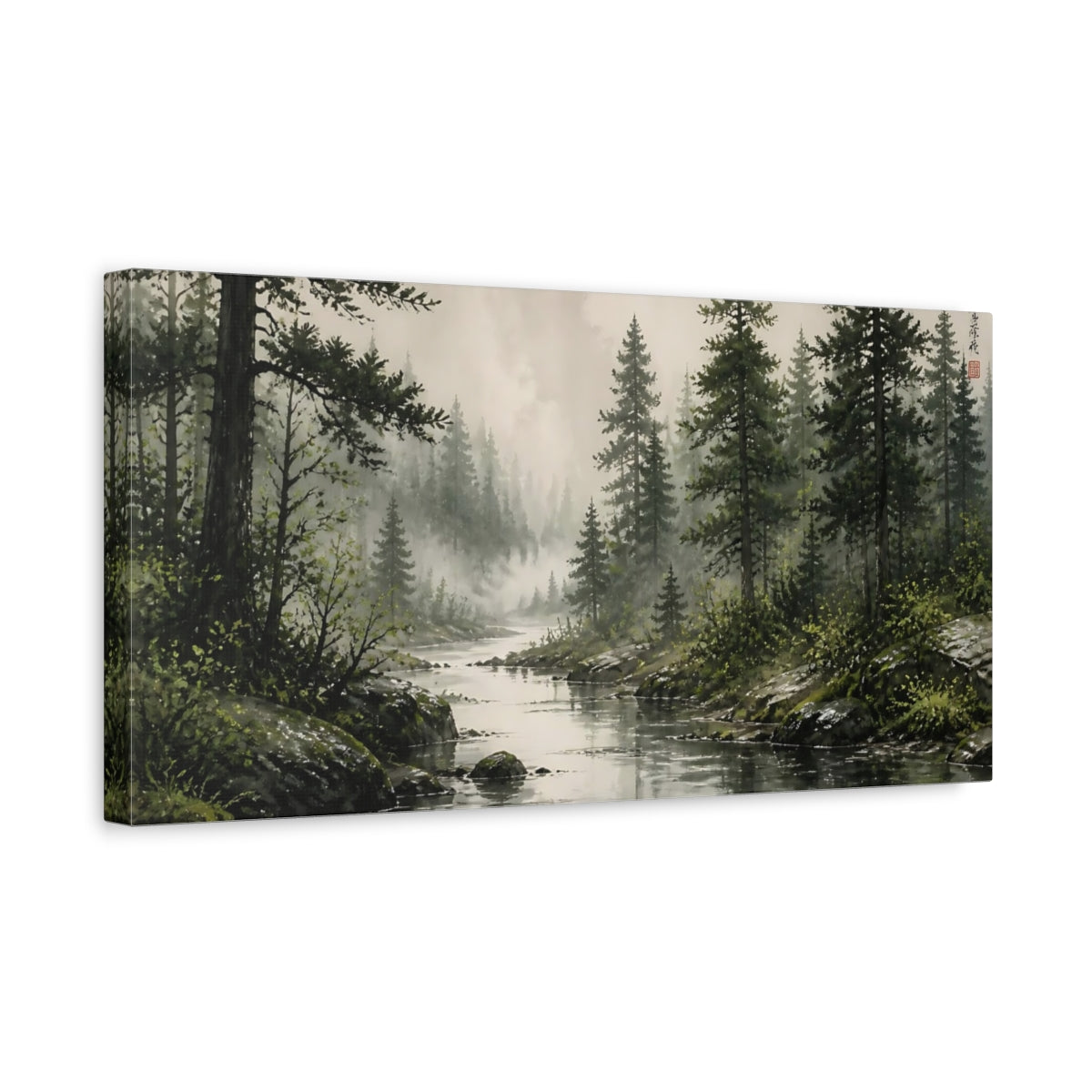 Side Mockup 3. Nature Forest River Misty Forest River shown as stretched canvas wall art