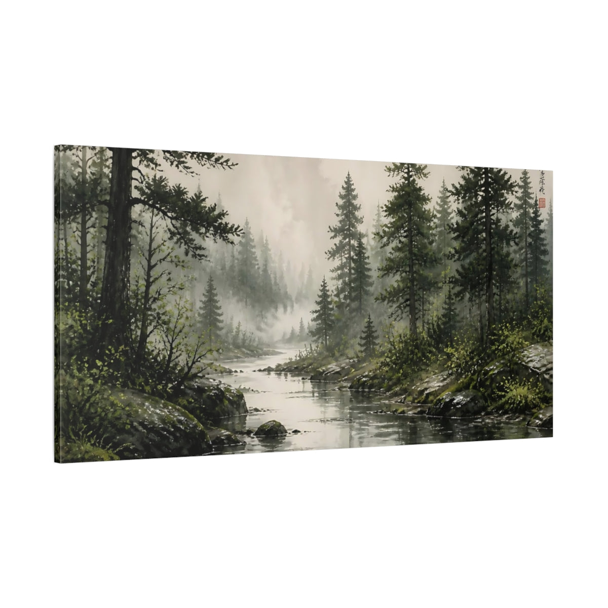 Side Mockup 2. Nature Forest River Misty Forest River shown as stretched canvas wall art