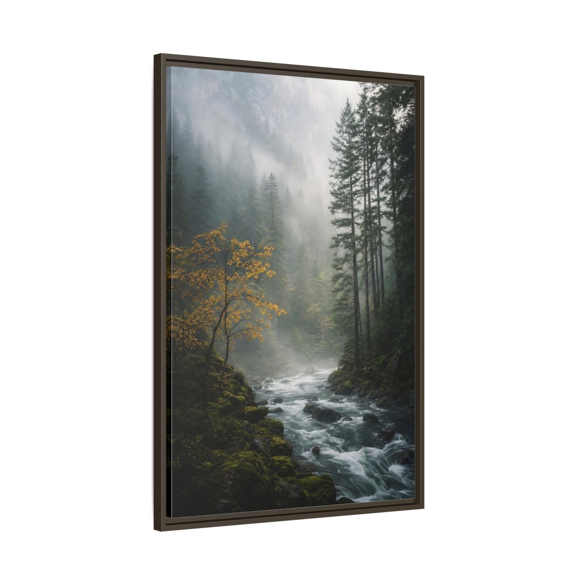Nature Forest River Misty Framed Canvas Wall Art - Living Room Decor shown as canvas wall art