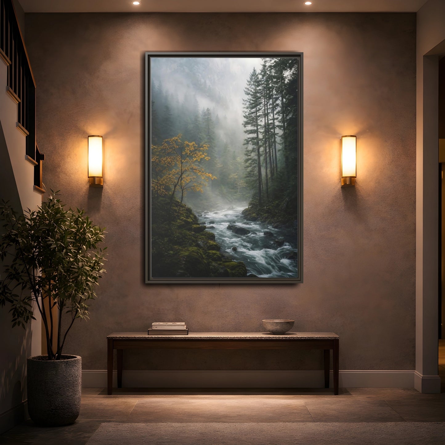 Nature Forest River Misty Framed Canvas Wall Art - Living Room Decor shown as canvas wall art