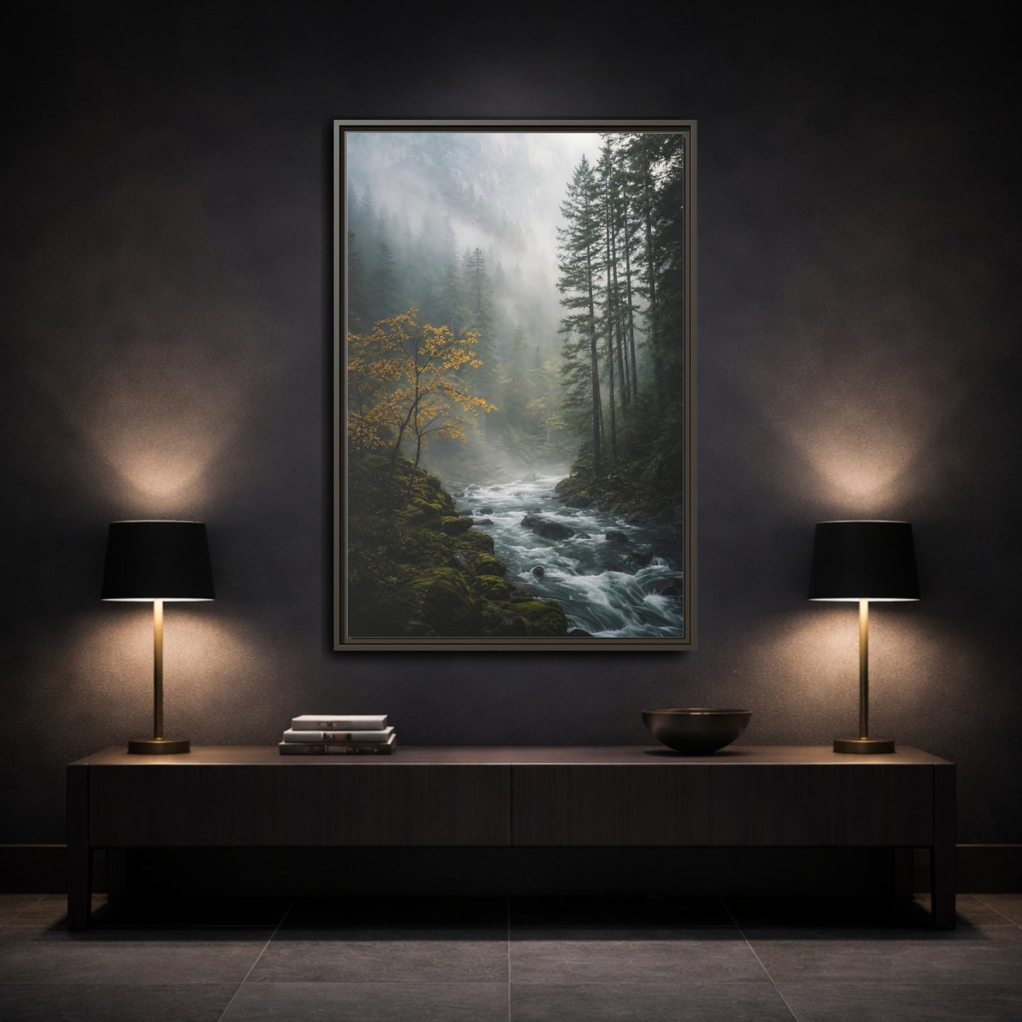 Nature Forest River Misty Framed Canvas Wall Art - Living Room Decor shown as canvas wall art