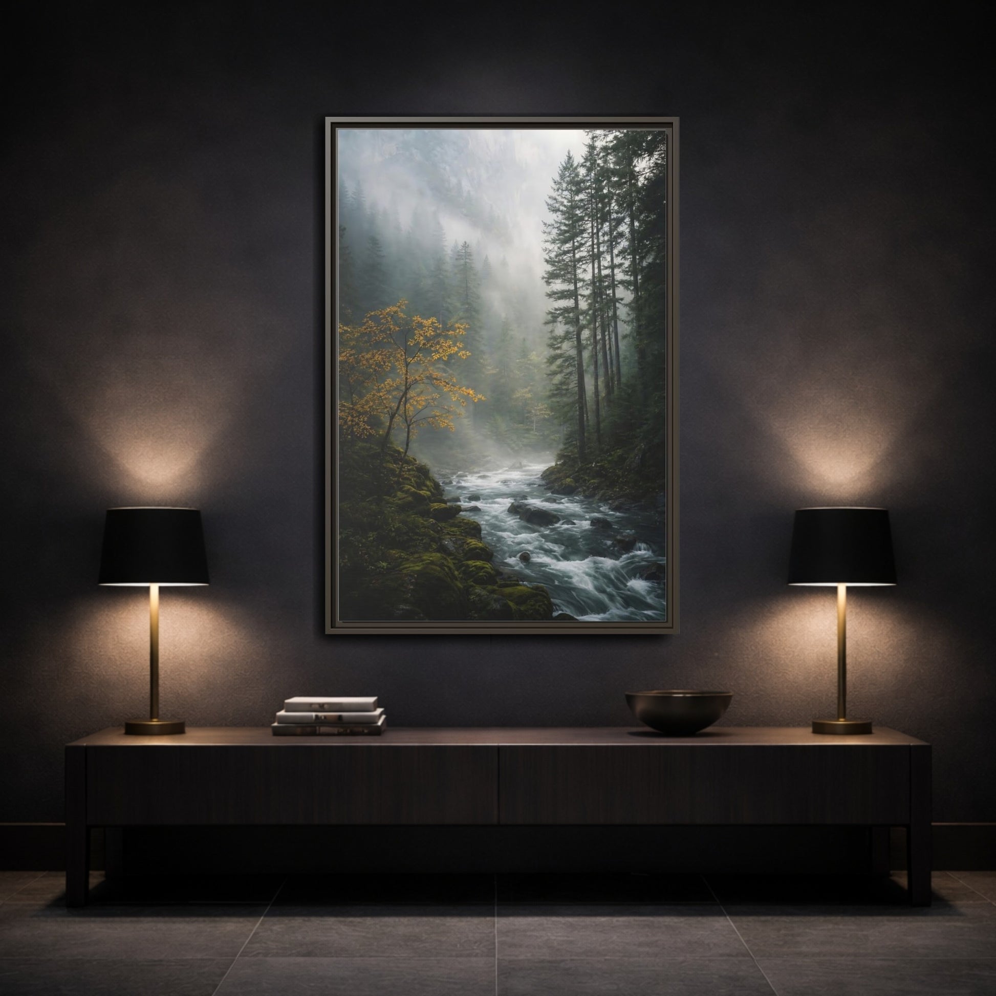 Nature Forest River Misty Framed Canvas Wall Art - Living Room Decor shown as canvas wall art