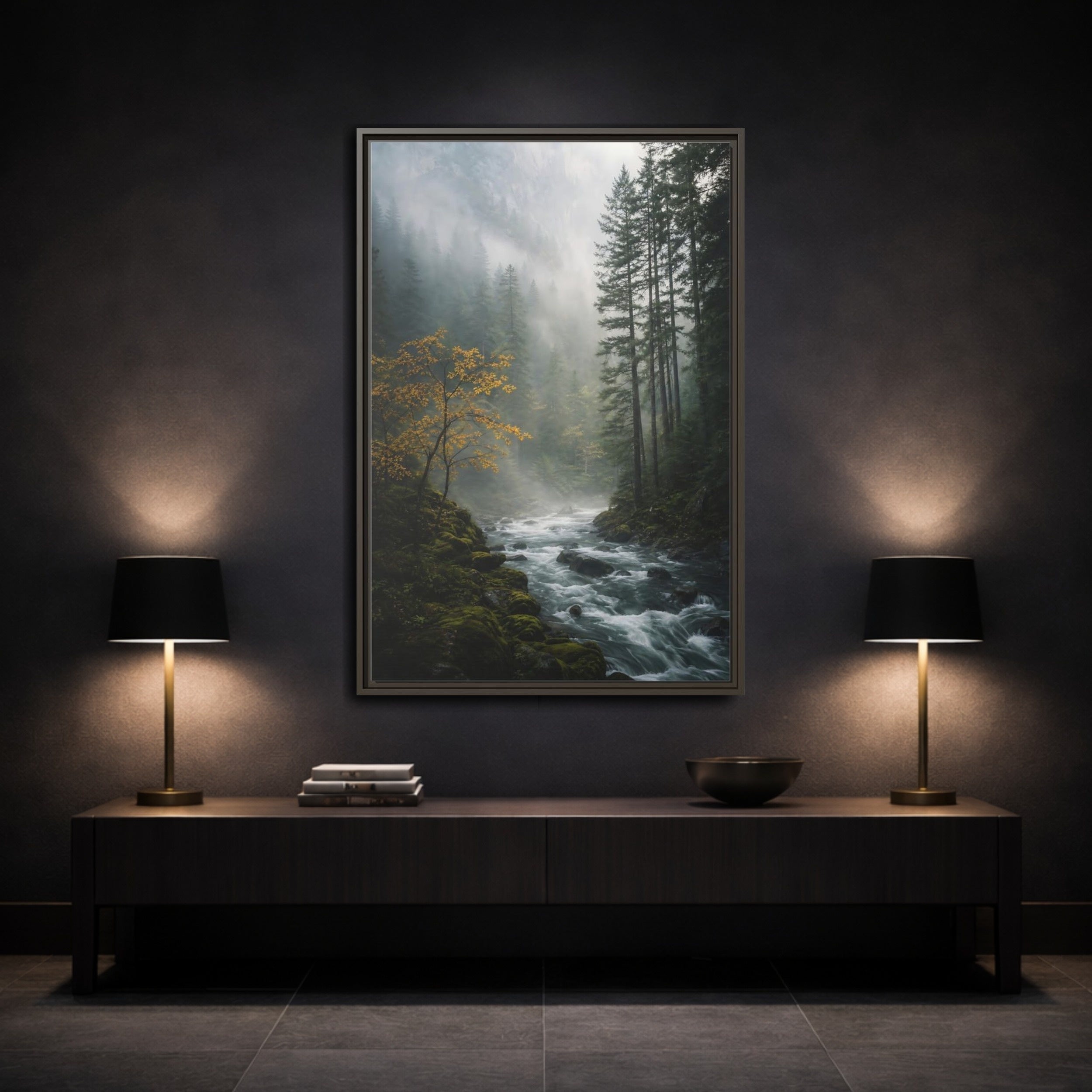 Mockup 3. Nature Forest River Misty Forest River shown as stretched canvas wall art