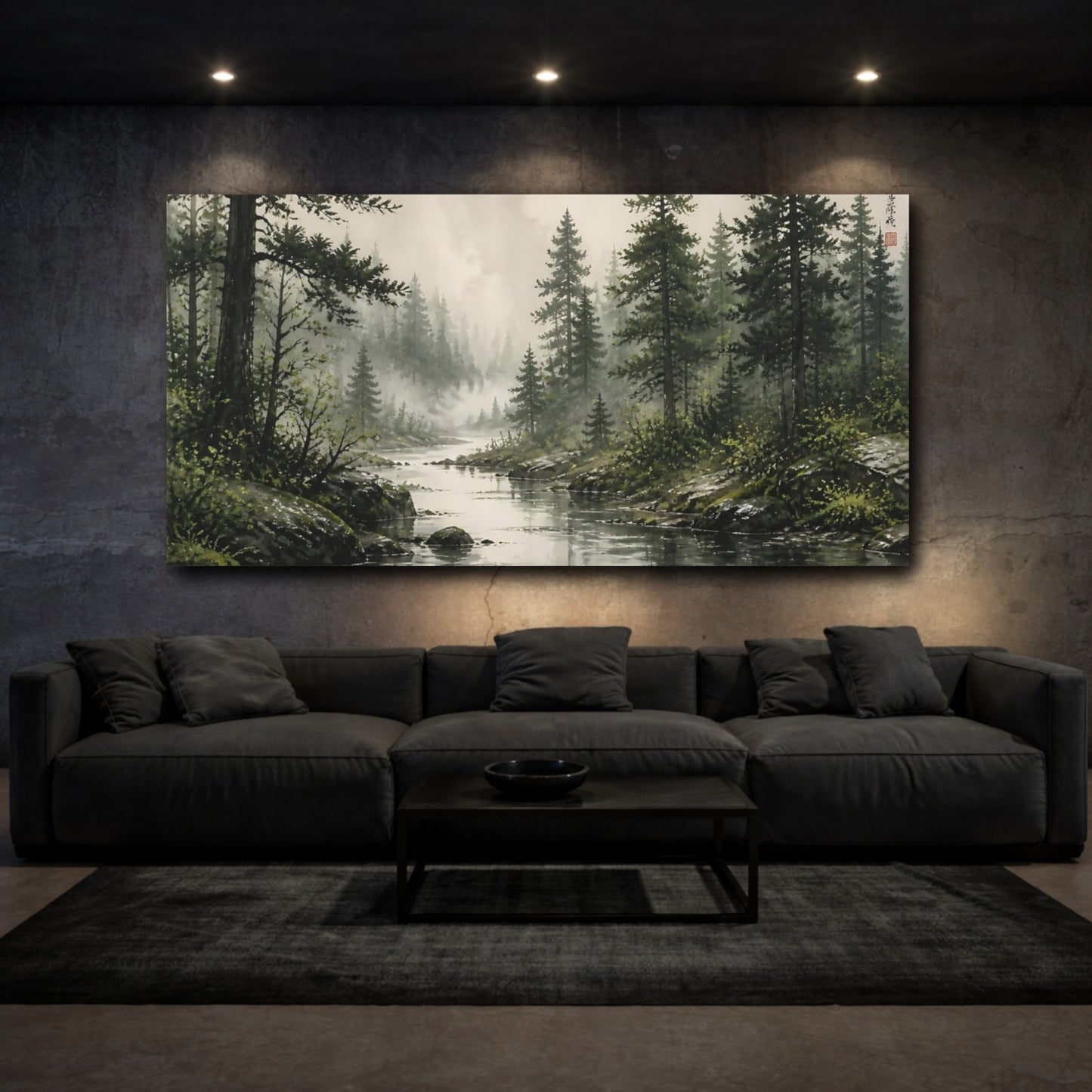 Mockup 3. Nature Forest River Misty Forest River shown as stretched canvas wall art