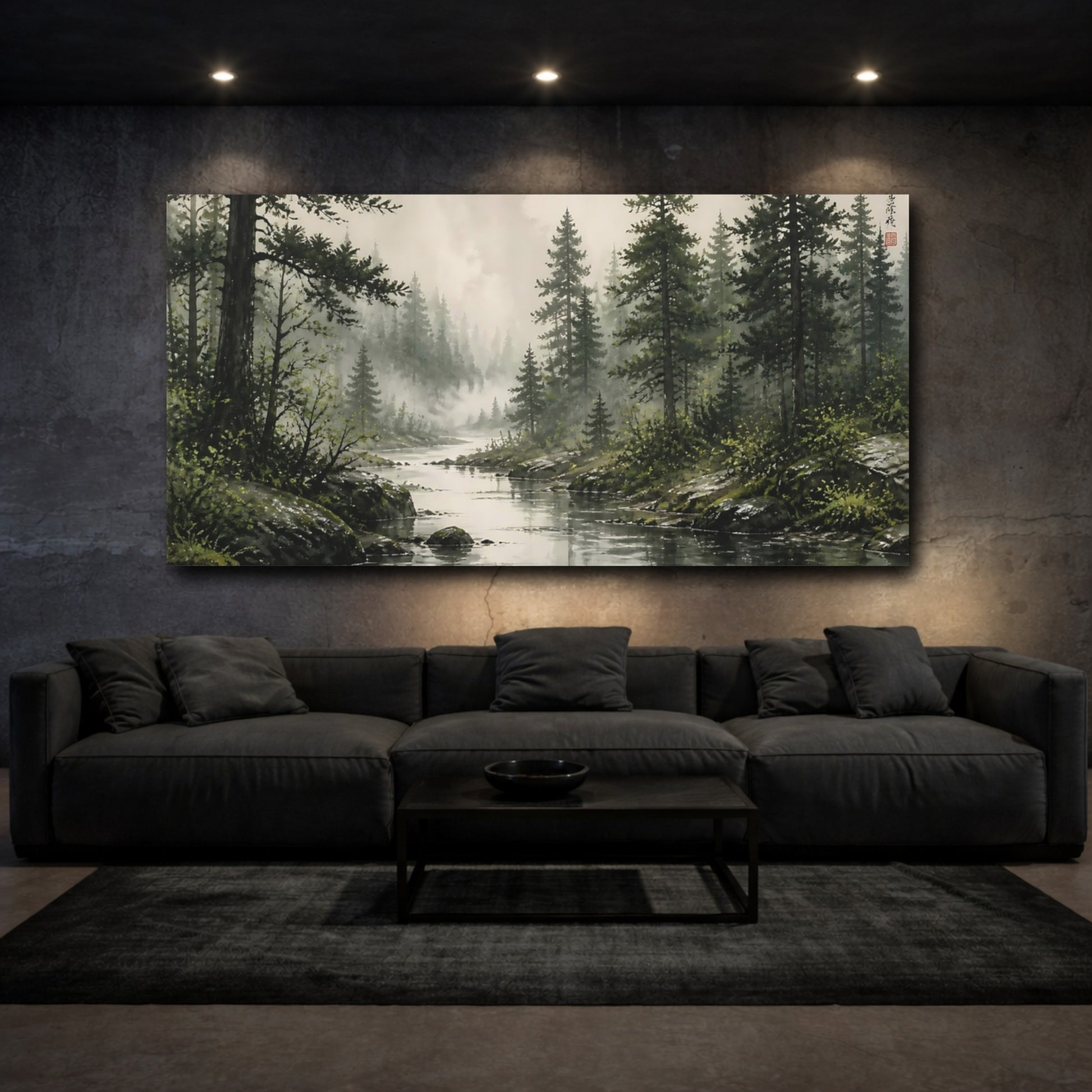 Mockup 3. Nature Forest River Misty Forest River shown as stretched canvas wall art