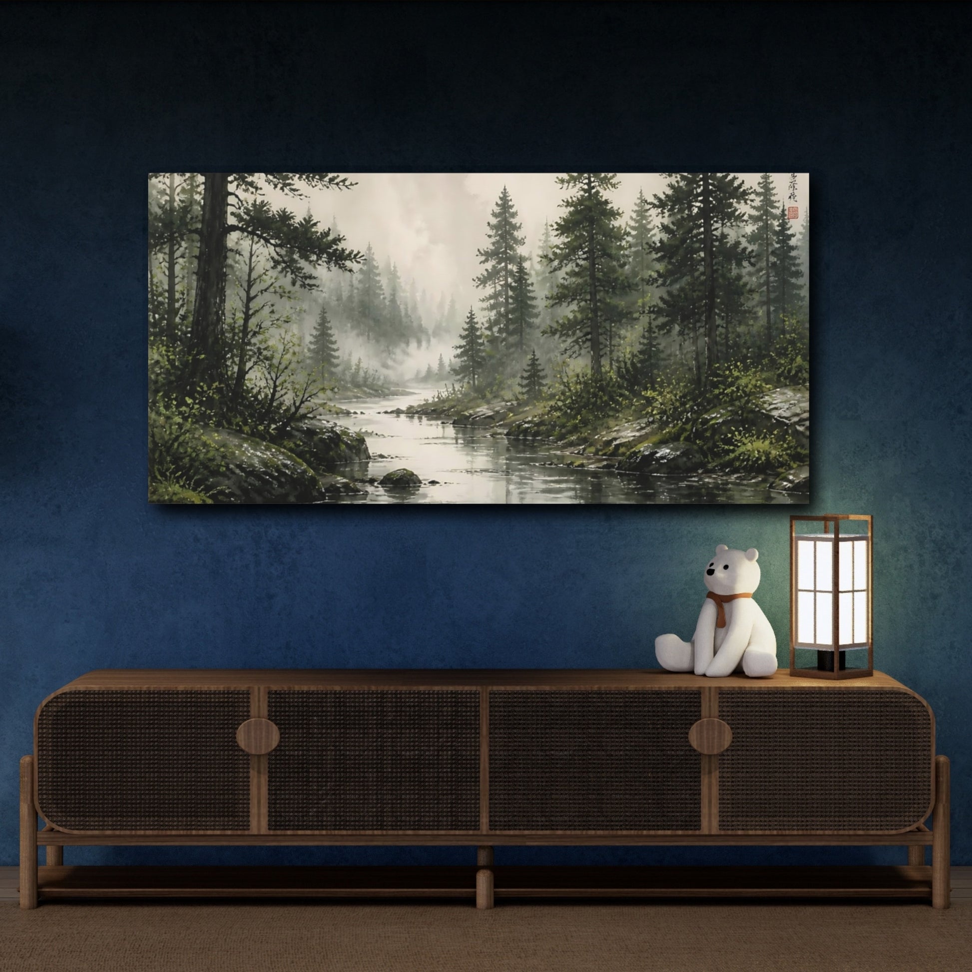 Mockup 4. Nature Forest River Misty Forest River shown as stretched canvas wall art