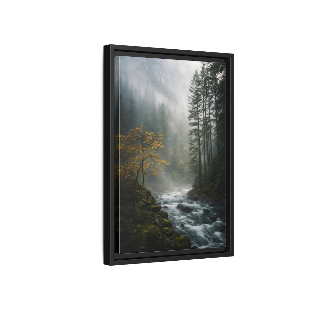 Nature Forest River Misty Framed Canvas Wall Art - Living Room Decor shown as canvas wall art