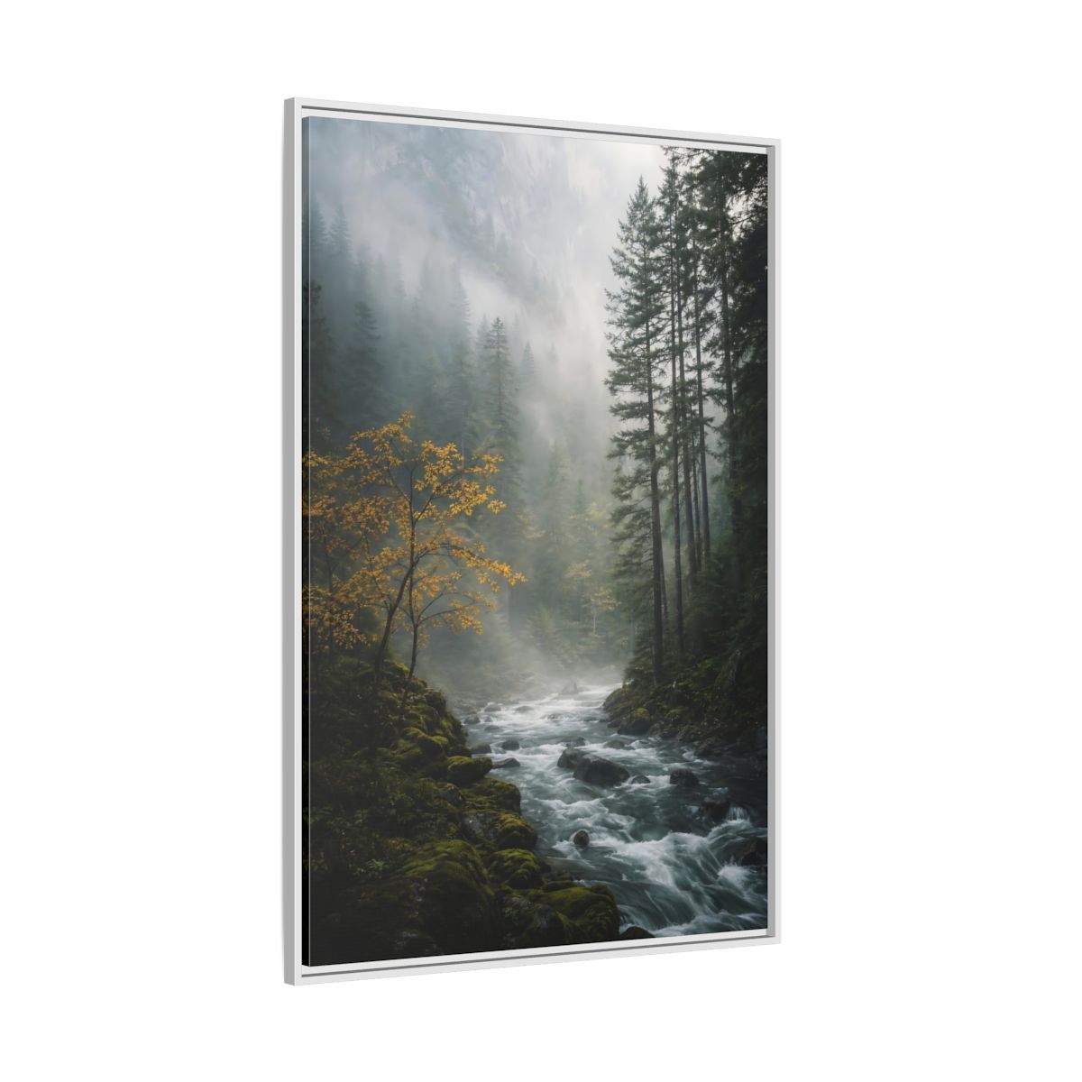 Nature Forest River Misty Framed Canvas Wall Art - Living Room Decor shown as canvas wall art