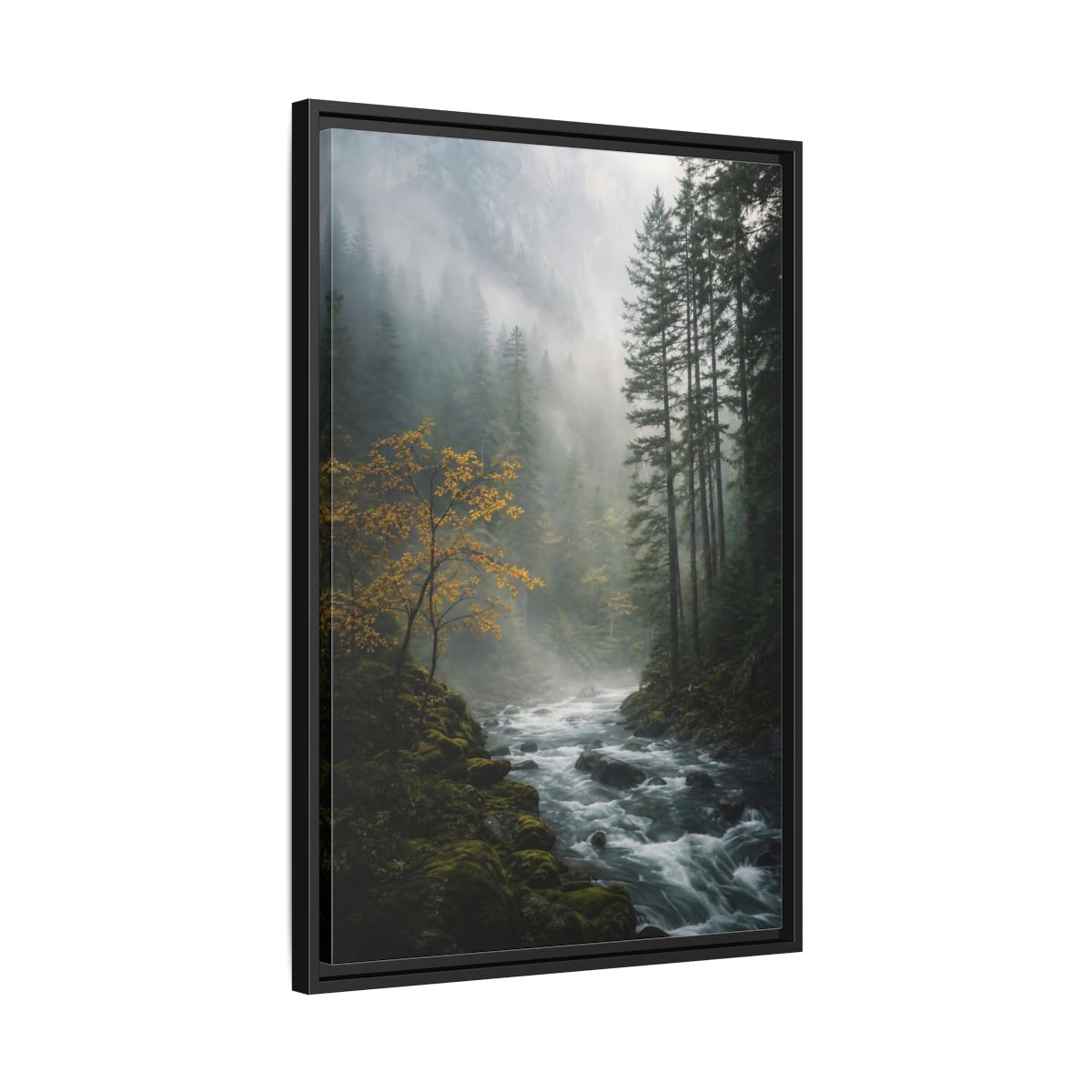 Nature Forest River Misty Framed Canvas Wall Art - Living Room Decor shown as canvas wall art