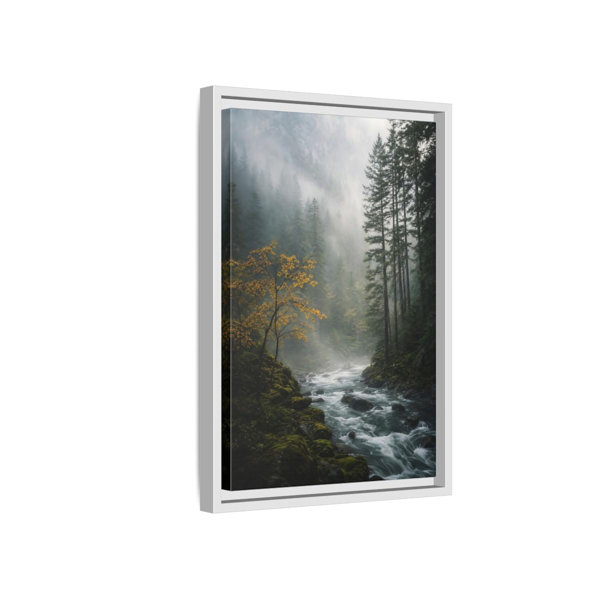 Nature Forest River Misty Framed Canvas Wall Art - Living Room Decor shown as canvas wall art