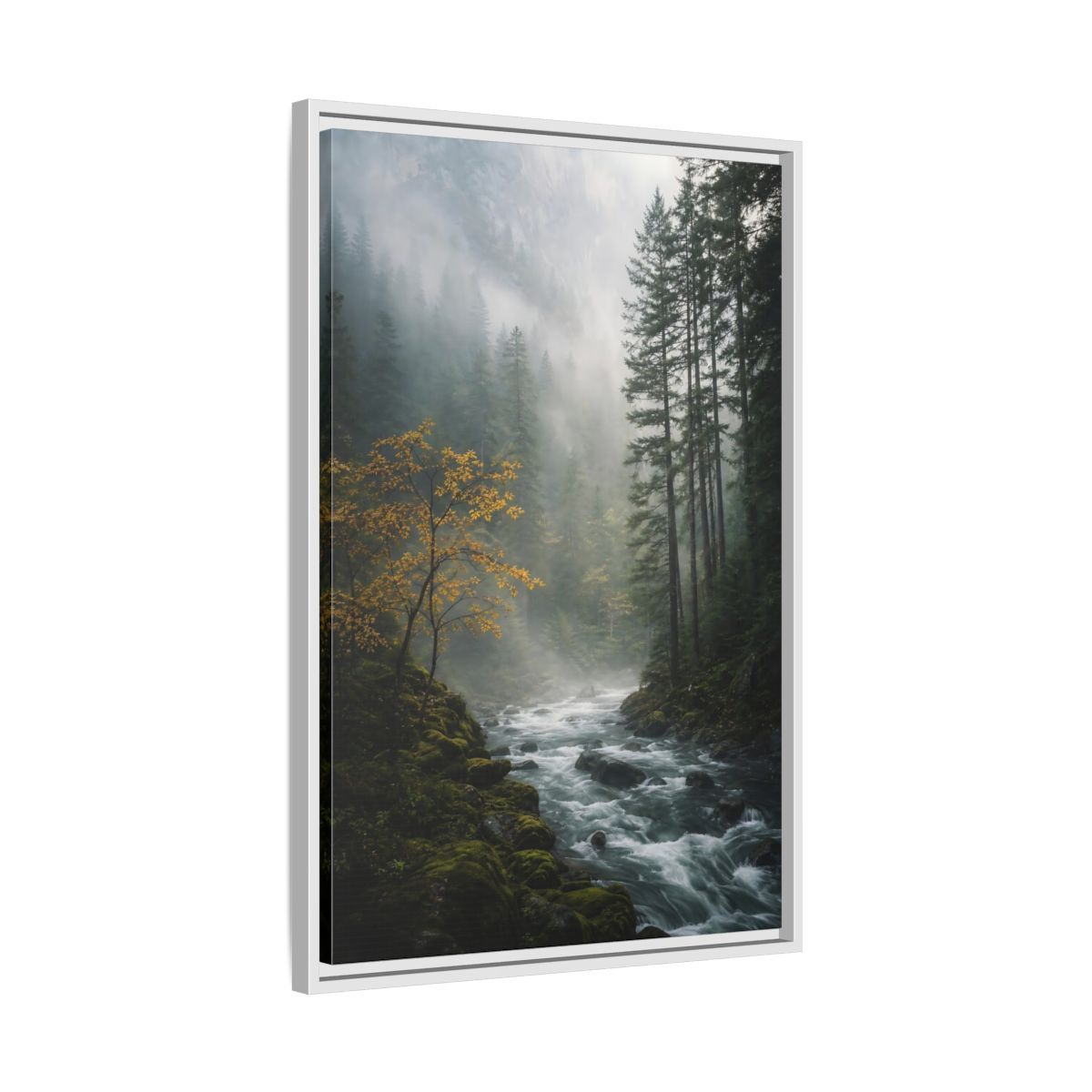 Nature Forest River Misty Framed Canvas Wall Art - Living Room Decor shown as canvas wall art