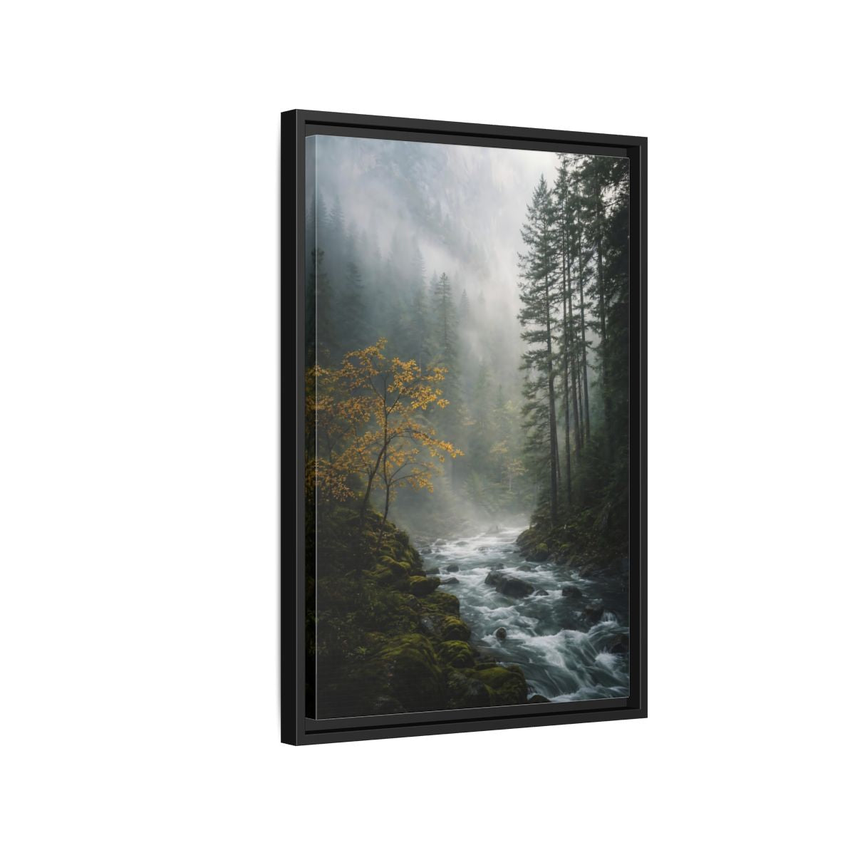 Nature Forest River Misty Framed Canvas Wall Art - Living Room Decor shown as canvas wall art