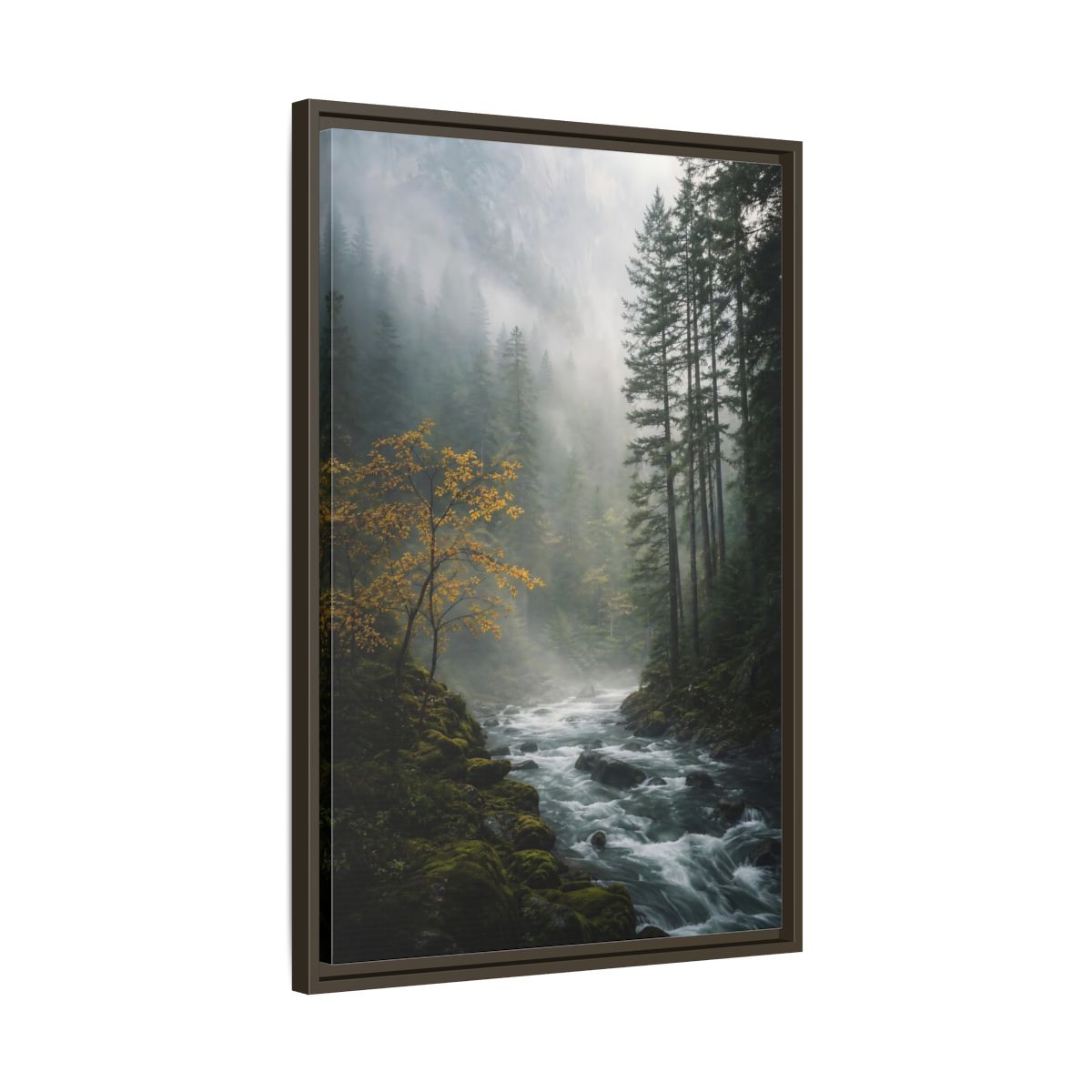 Nature Forest River Misty Framed Canvas Wall Art - Living Room Decor shown as canvas wall art