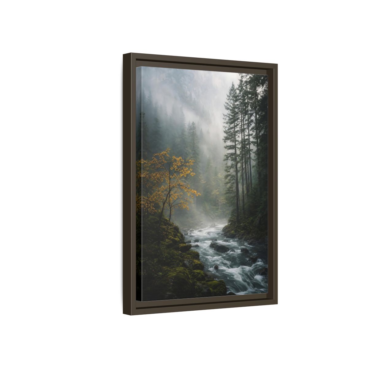 Nature Forest River Misty Framed Canvas Wall Art - Living Room Decor shown as canvas wall art