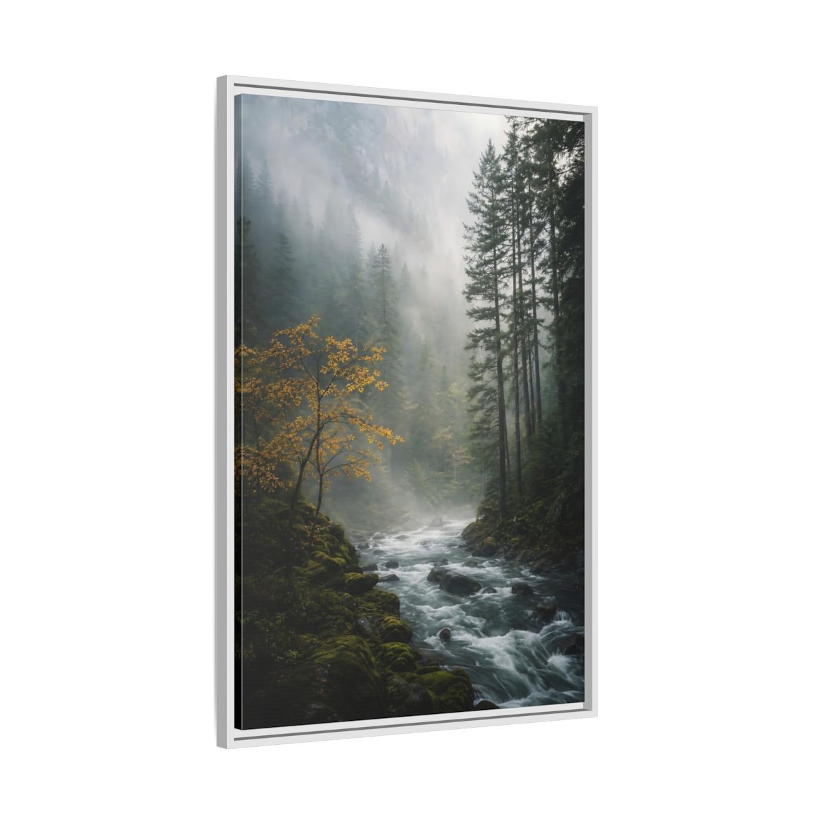 Nature Forest River Misty Framed Canvas Wall Art - Living Room Decor shown as canvas wall art
