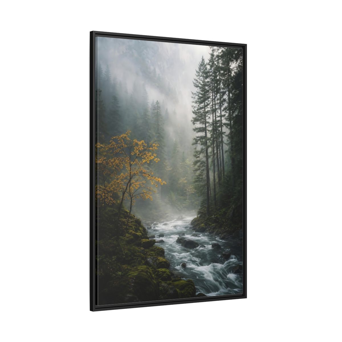 Nature Forest River Misty Framed Canvas Wall Art - Living Room Decor shown as canvas wall art