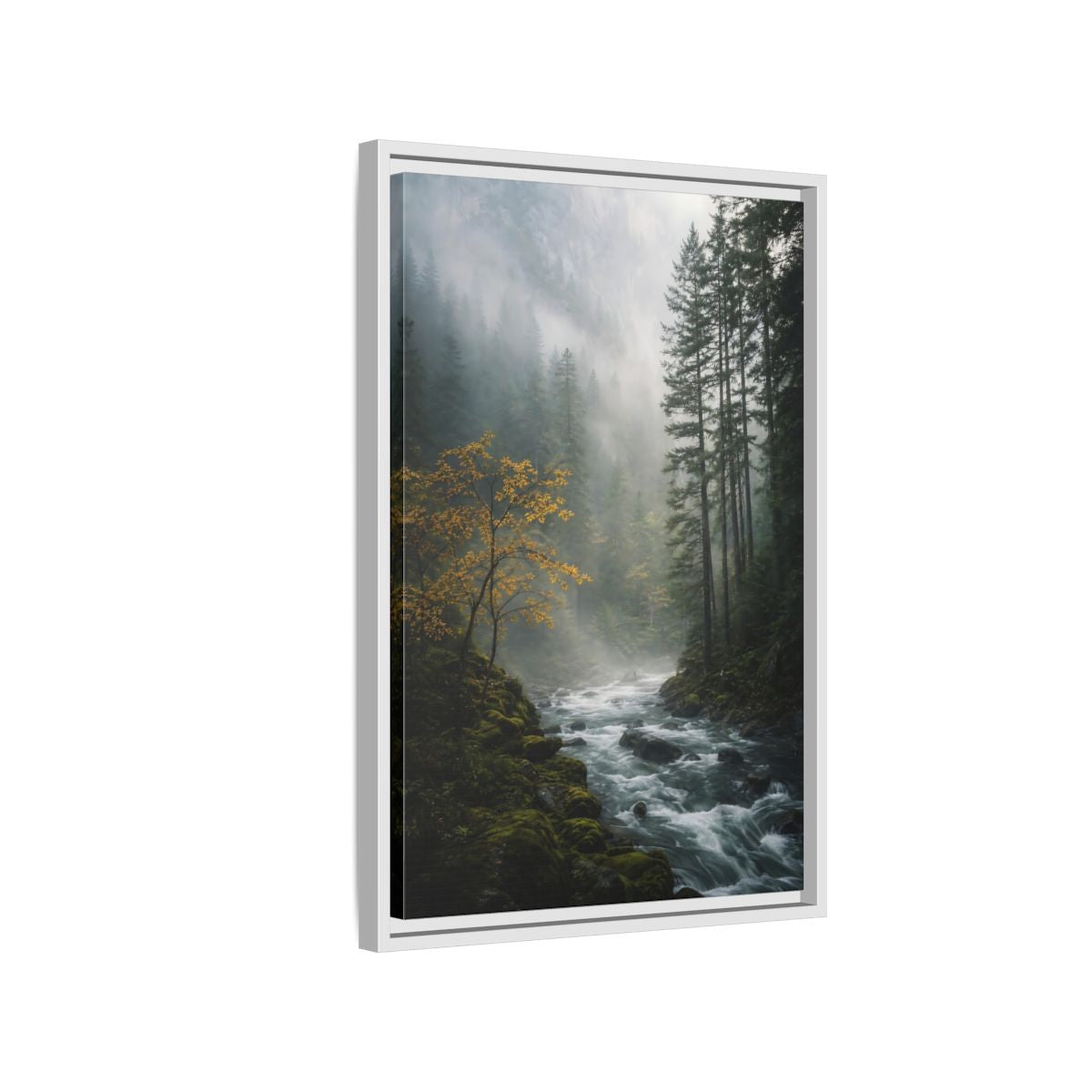Nature Forest River Misty Framed Canvas Wall Art - Living Room Decor shown as canvas wall art