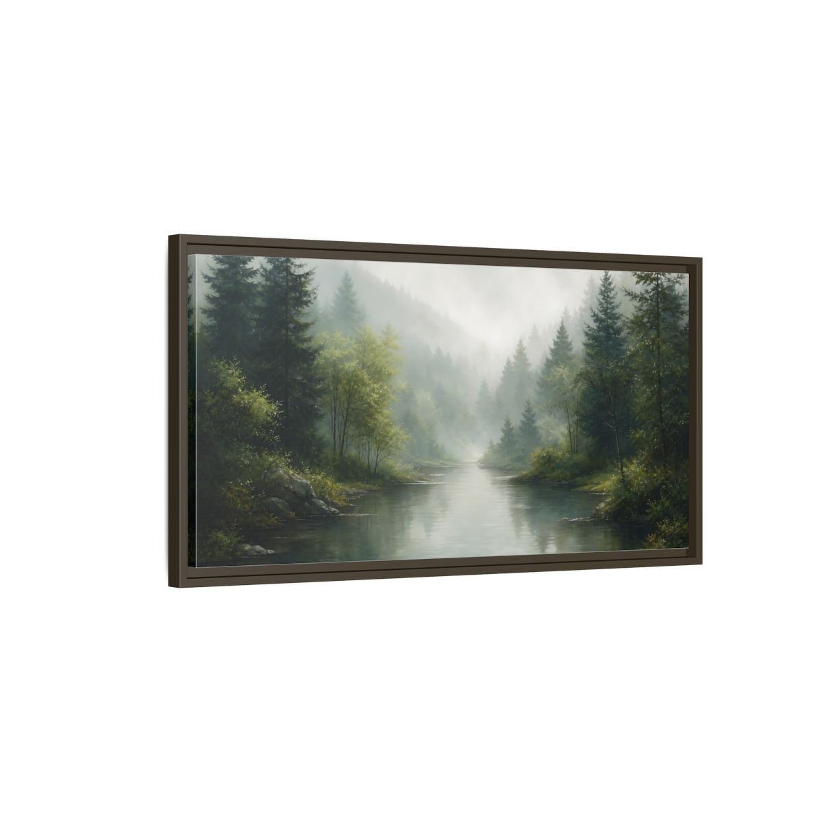 Main Mockup. Nature Forest River Misty Green Landscape shown as stretched canvas wall art