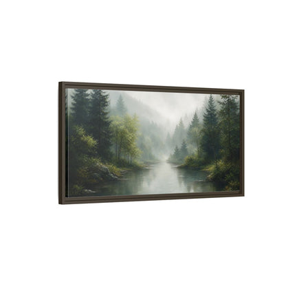 Main Mockup. Nature Forest River Misty Green Landscape shown as stretched canvas wall art