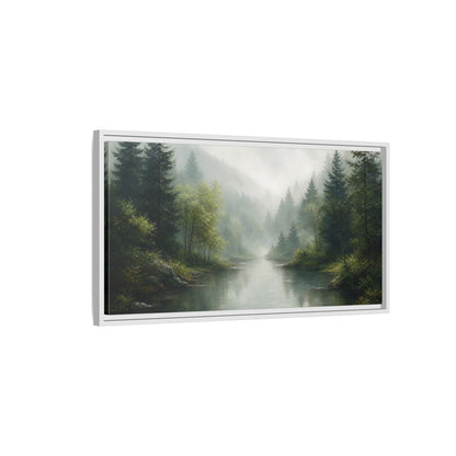 Side Mockup 1. Nature Forest River Misty Green Landscape shown as stretched canvas wall art