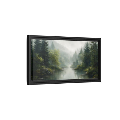 Side Mockup 8. Nature Forest River Misty Green Landscape shown as stretched canvas wall art