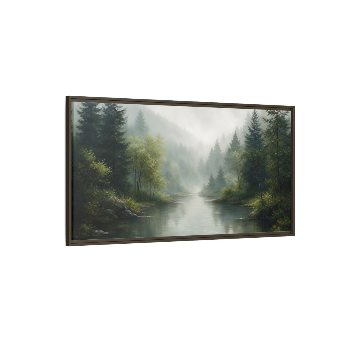 Side Mockup 4. Nature Forest River Misty Green Landscape shown as stretched canvas wall art
