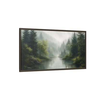 Side Mockup 4. Nature Forest River Misty Green Landscape shown as stretched canvas wall art