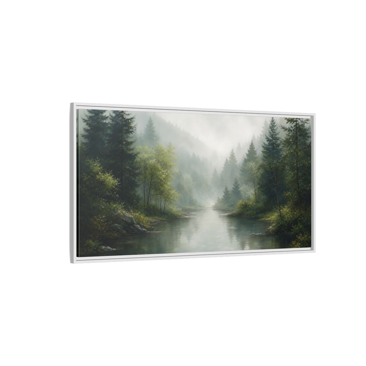 Side Mockup 3. Nature Forest River Misty Green Landscape shown as stretched canvas wall art