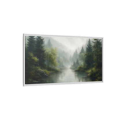 Side Mockup 3. Nature Forest River Misty Green Landscape shown as stretched canvas wall art