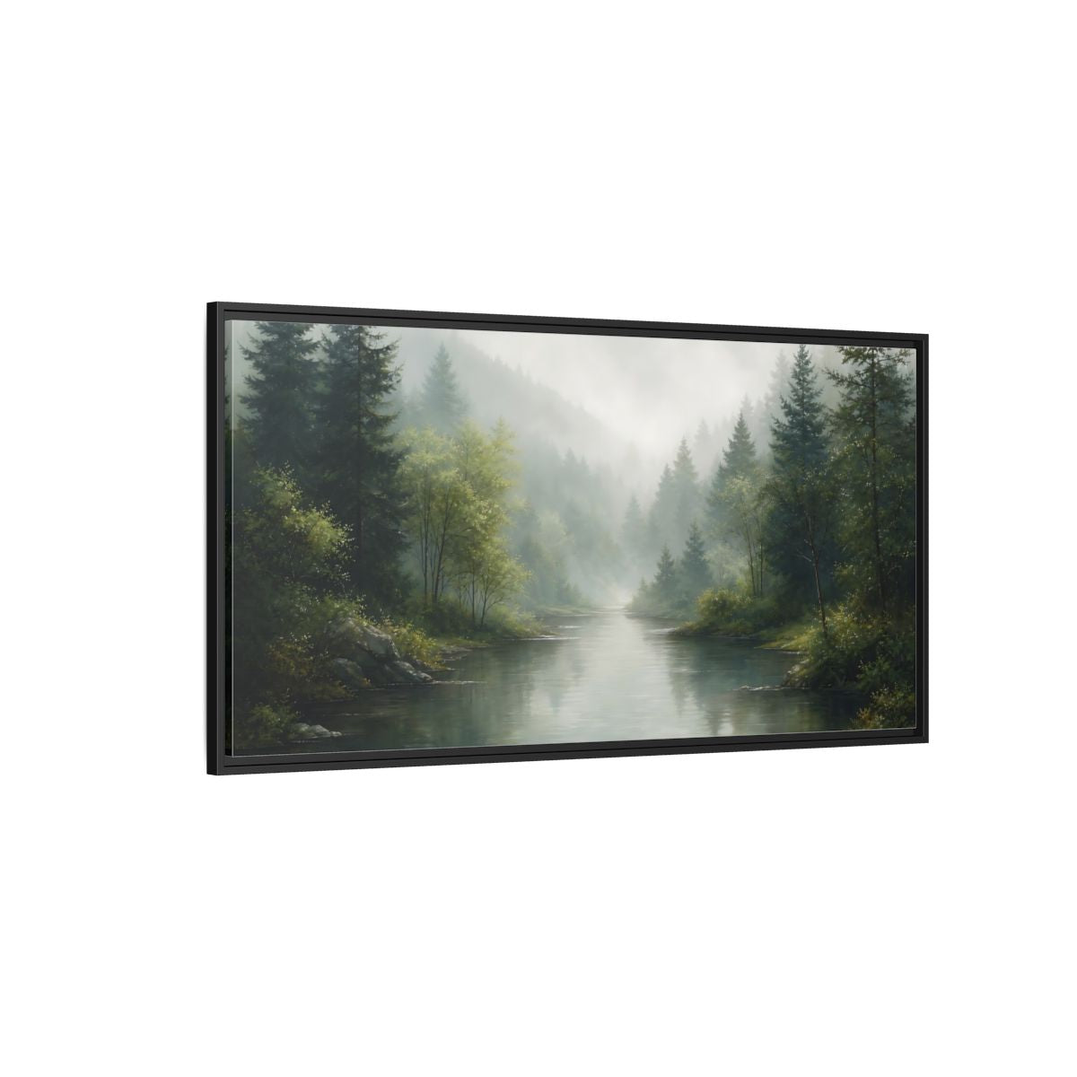 Side Mockup 5. Nature Forest River Misty Green Landscape shown as stretched canvas wall art