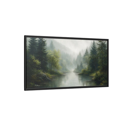 Side Mockup 5. Nature Forest River Misty Green Landscape shown as stretched canvas wall art