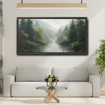Mockup 2. Nature Forest River Misty Green Landscape shown as stretched canvas wall art