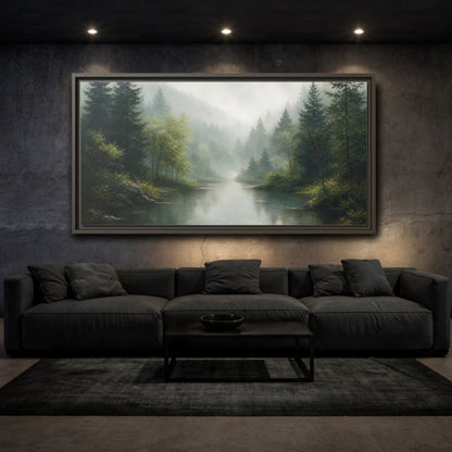 Mockup 3. Nature Forest River Misty Green Landscape shown as stretched canvas wall art