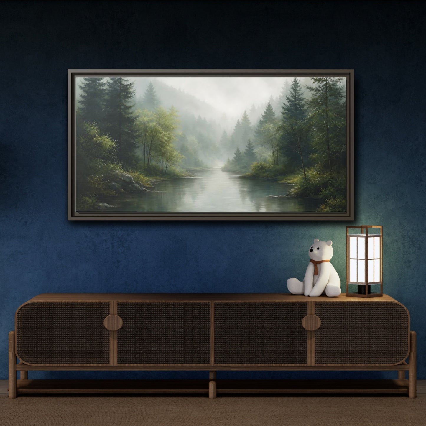 Mockup 4. Nature Forest River Misty Green Landscape shown as stretched canvas wall art