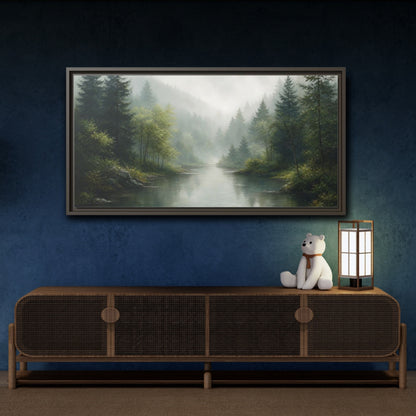 Mockup 4. Nature Forest River Misty Green Landscape shown as stretched canvas wall art