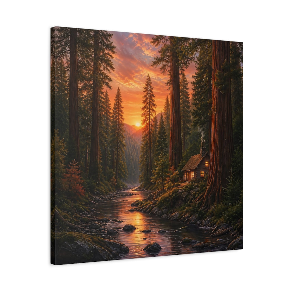 Side Mockup 4. Nature Forest River Orange Forest River shown as stretched canvas wall art
